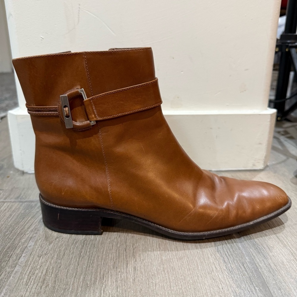Talbots Leather Ankle Boots Tan/Cognac Brown Women’s US 8.5 B Low Heel Side Zip